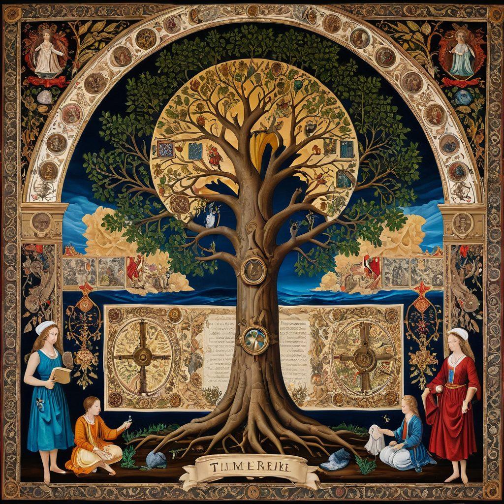 A sprawling family tree with deep roots connecting to a vivid past, surrounded by ancient scrolls, old photographs, and vintage maps. An hourglass and magnifying glass highlight the search through time. Background features a historical tapestry with family crests and ancestral figures. painting. super-realistic. vibrant colors.