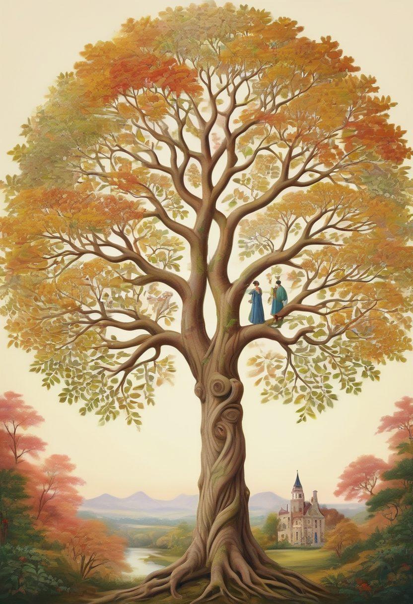 Depict an ancient family tree made of intertwined roots and branches, branching out into various historical scenes and landmarks from different eras, including a diverse array of ancestors' portraits. Pastel colors with golden accents evoke a sense of nostalgia and grandeur. semi-realistic. vibrant colors.