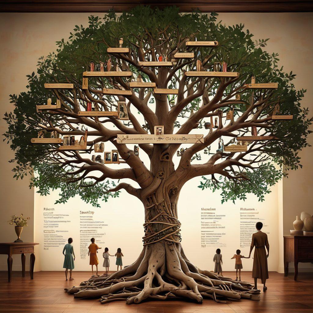 A diverse family tree intertwining with ancestral artifacts like old scrolls and maps, DNA strands weaving through it, connecting modern-day families with rich historical records. Background shows a timeline blending ancient and modern imagery. super-realistic. vibrant colors. 3D.